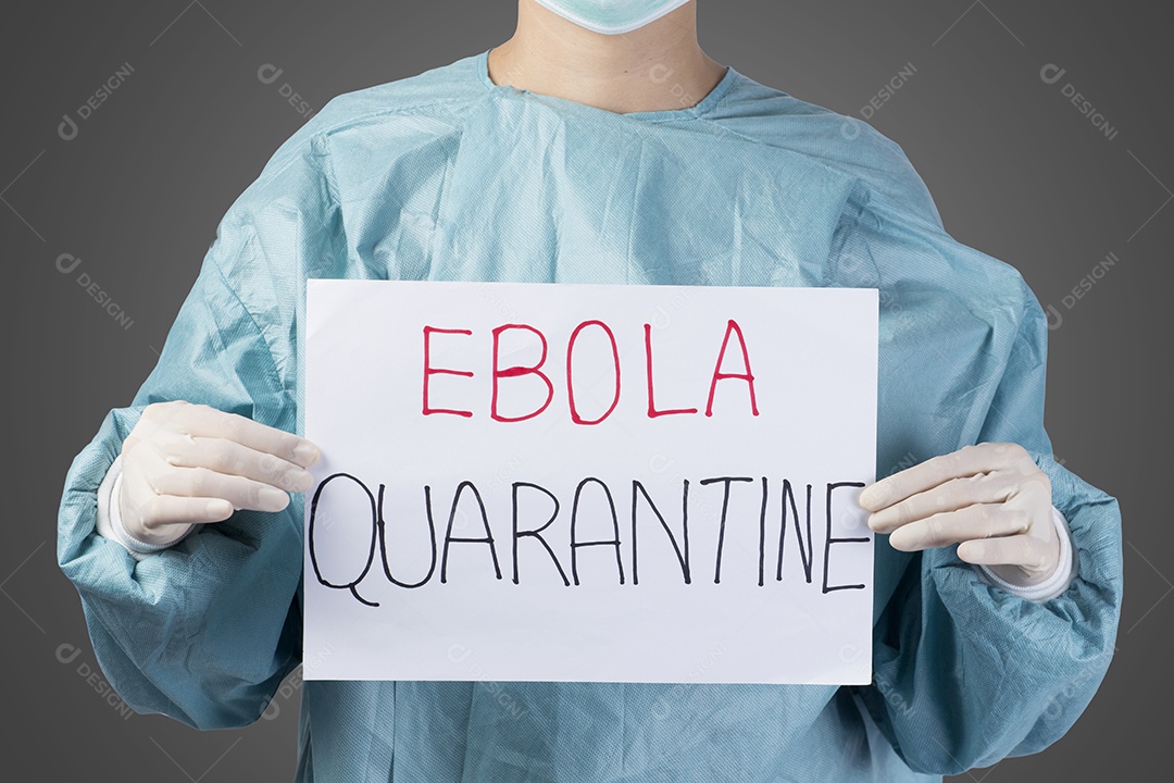 Cientista em traje de segurança desenhando palavra quarentena de ebola.