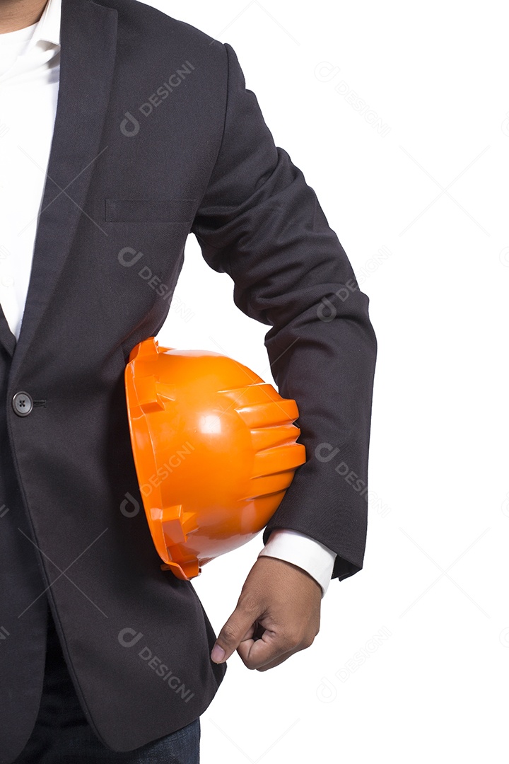 Capacete laranja de engenheiro para fundo branco de segurança dos trabalhadores.