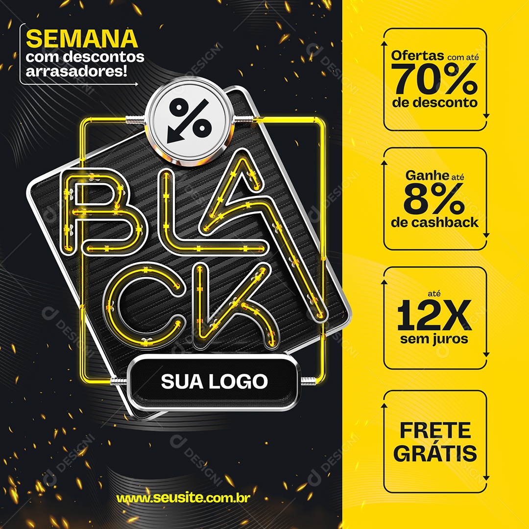 Semana com Descontos Arrasadores Ofertas com Até 70%  Black Friday Social Media PSD Editável