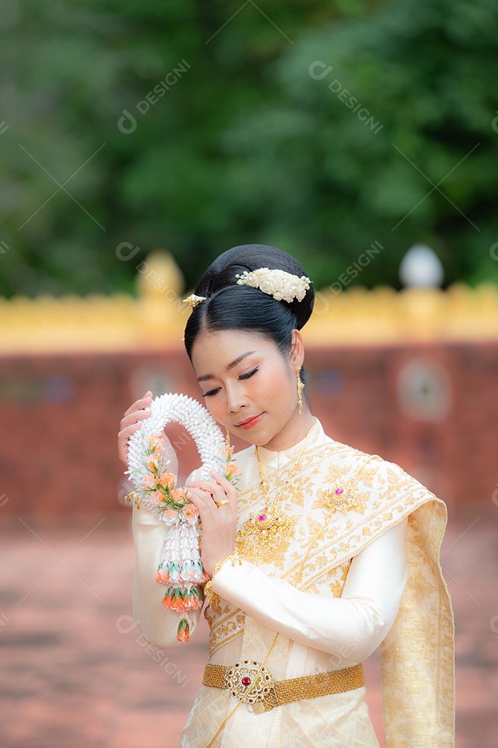 Mulher Tailandesa vestida em traje tradicional da Tailândia