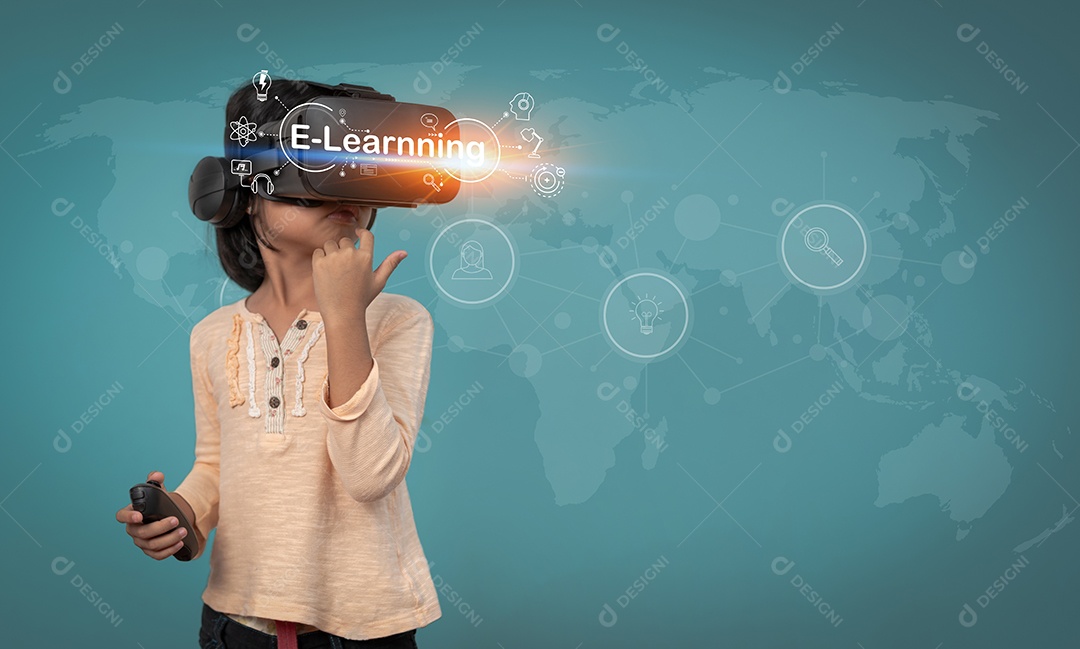 Uma menina com fone de ouvido de realidade virtual jogos de gadgets