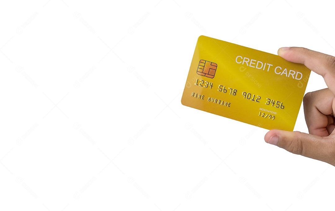 Hand holding credit card isolated on white background. Shopping concept. Cashless spending concept.