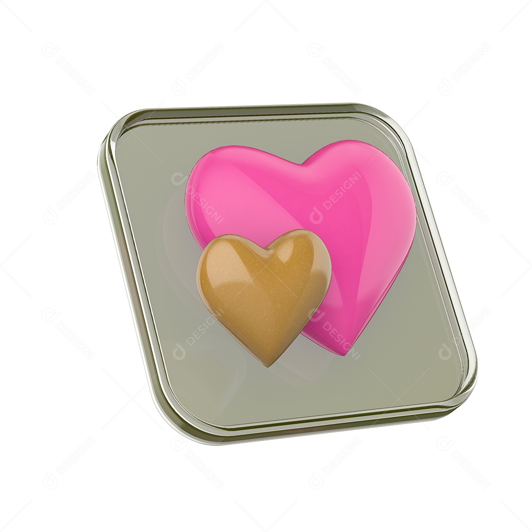 Amei Coração Rosa e Marrom Elemento 3D para Composição PSD