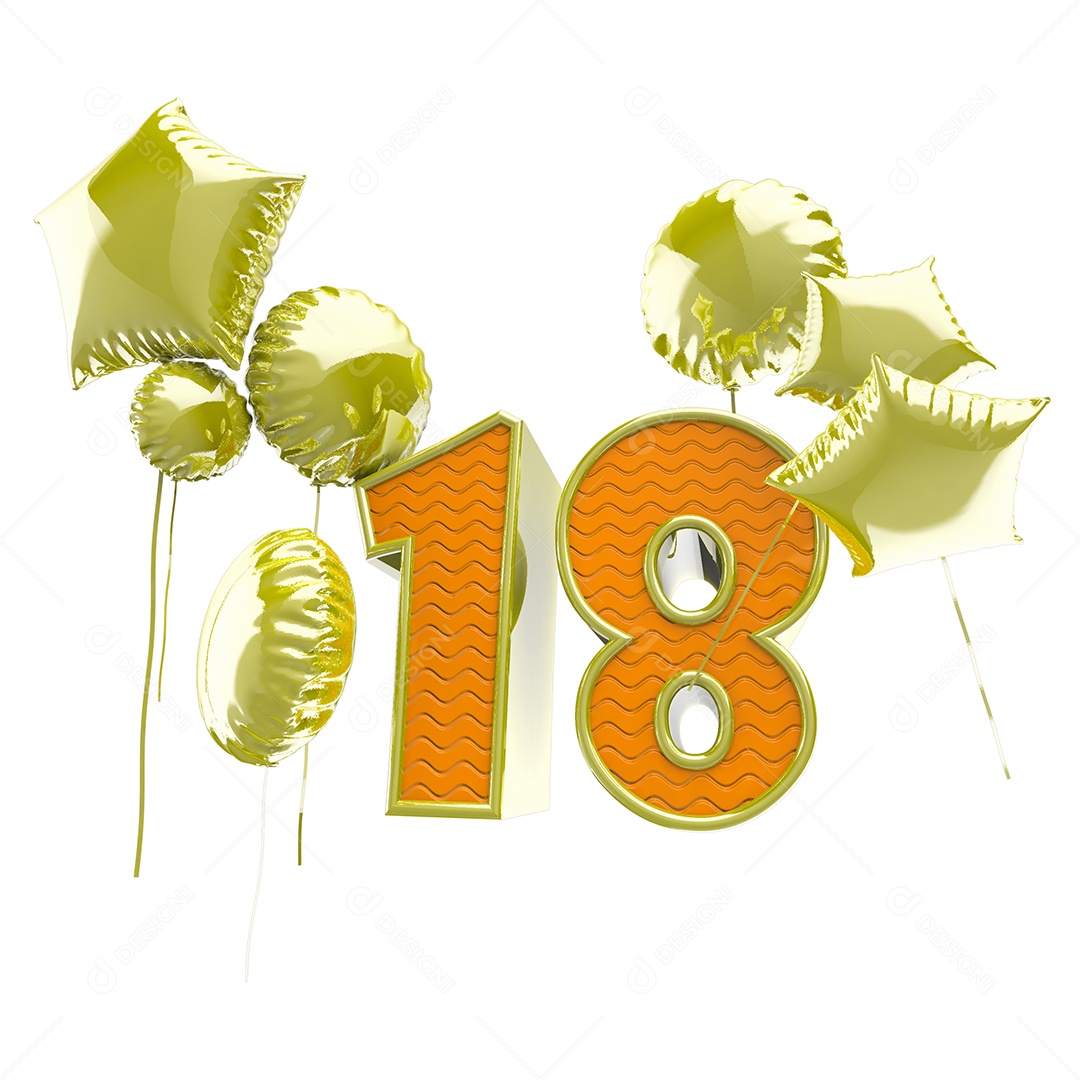 Aniversário 18 Anos Laranja Elemento 3D para Composição PSD