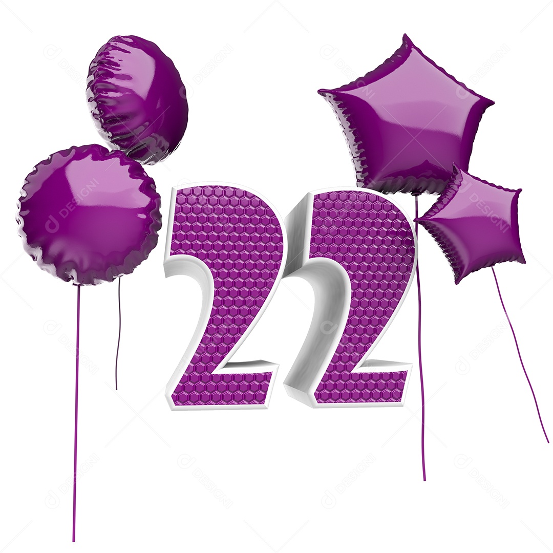 Aniversário 22 Anos Roxo Elemento 3D para Composição PSD
