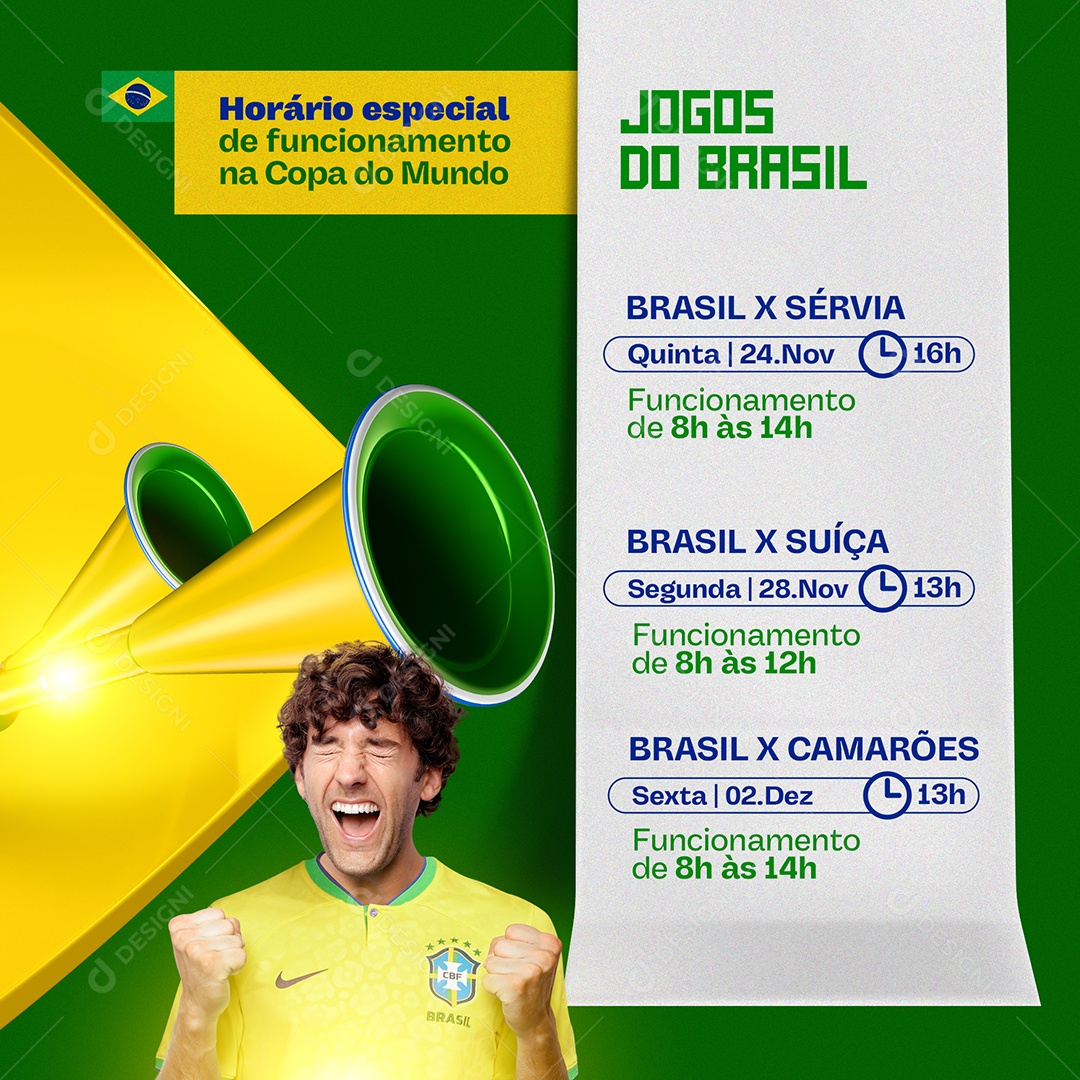 Copa do Mundo Comunicado Horário Especial Brasil Social Media PSD Editável