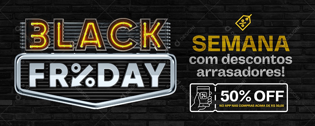 Banner Semana com Descontos Arrasadores 50% Off Black Friday Social Media PSD Editável