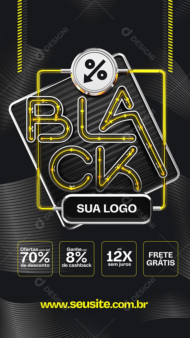 Story Ofertas com Até 70% de Desconto Black Social Media PSD Editável