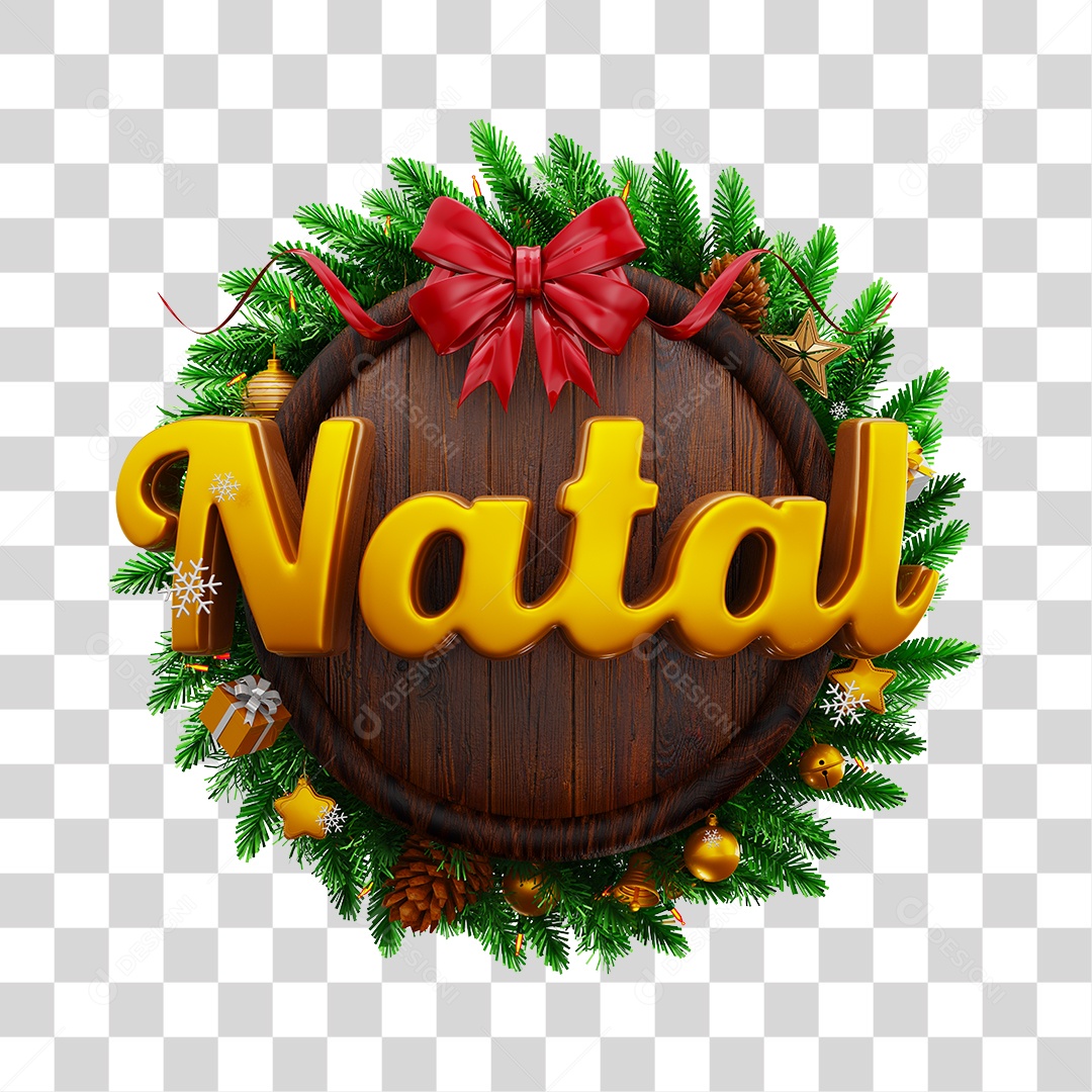Selo 3D Natal Guirlando e Tábua Circular de Madeira PNG