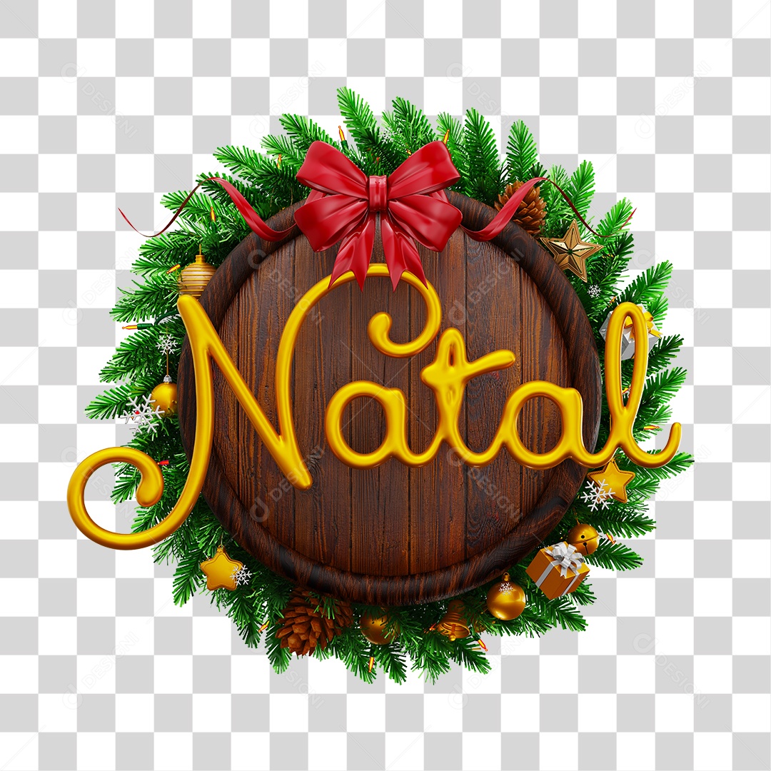 Selo 3D Natal Guirlando e Tábua Circular de Madeira PNG