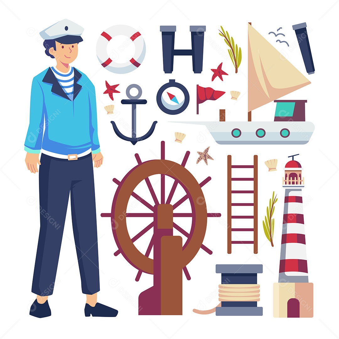 Jovem capitão em uniforme de marinheiro e profissional de equipamentos da marinha