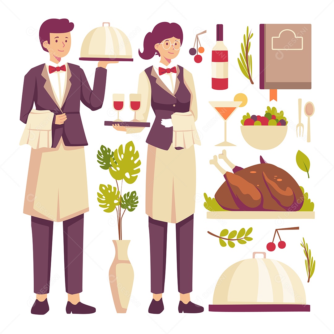 Jovem garçonete e garçom e serviço profissional de elemento de objeto