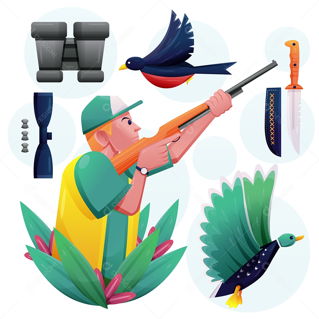 Jovem com vetor de desenho animado de equipamento de caça ao pato