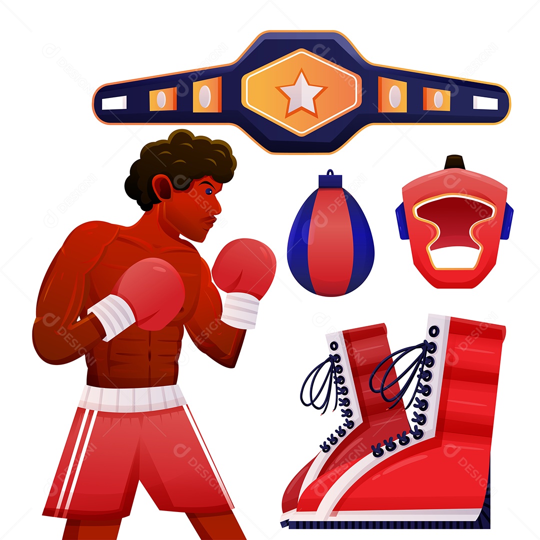Estilo de desenho animado de jovem boxeador e equipamento de boxe em fundo branco