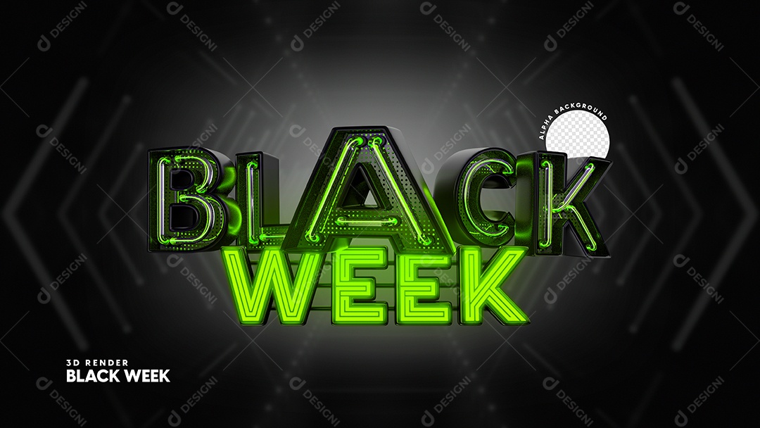 Selo 3D Black Week Preto com Neon Verde Elemento para Composição PSD