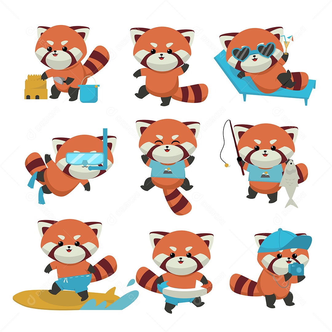 Coleção de adorável guaxinim em várias atividades vetor de desenho animado