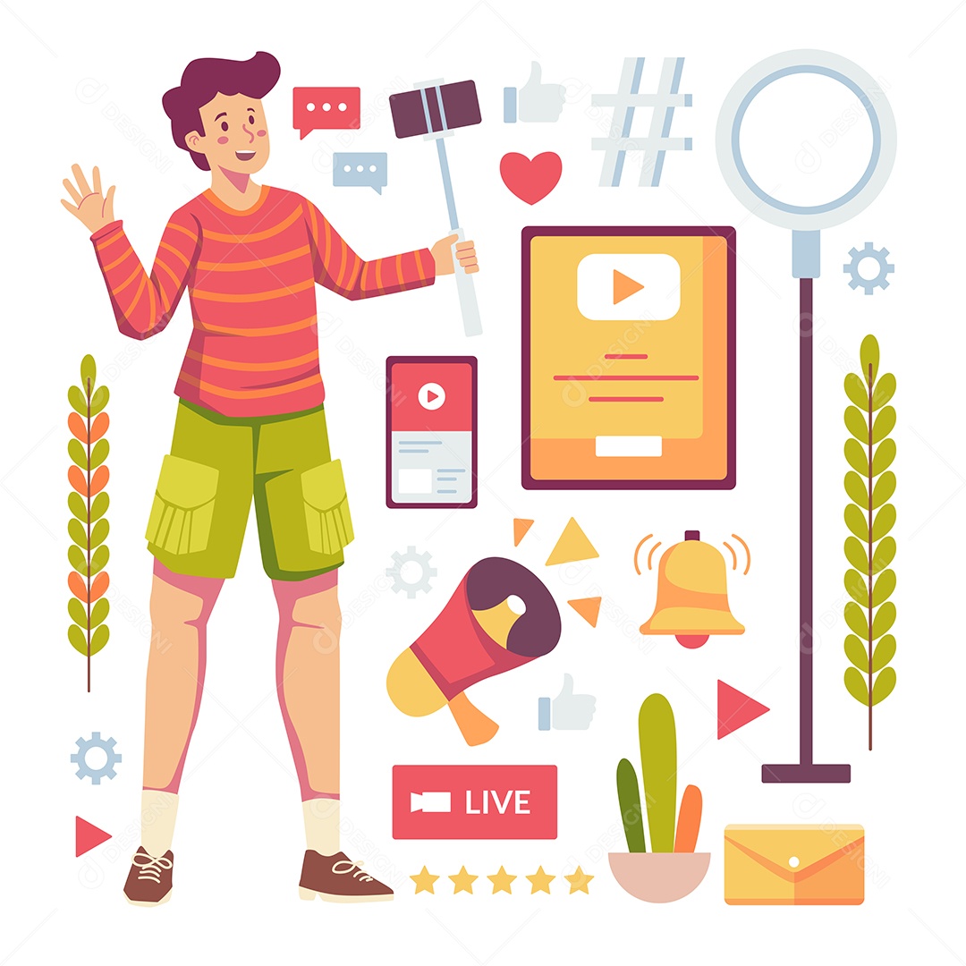 Jovem blogueiro masculino e com equipamento profissional em desenho animado vetor