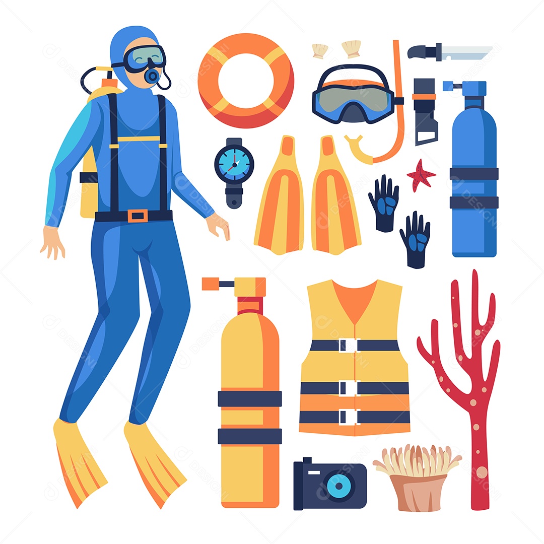 Homem jovem mergulho e máscara de mergulho com equipamento profissional