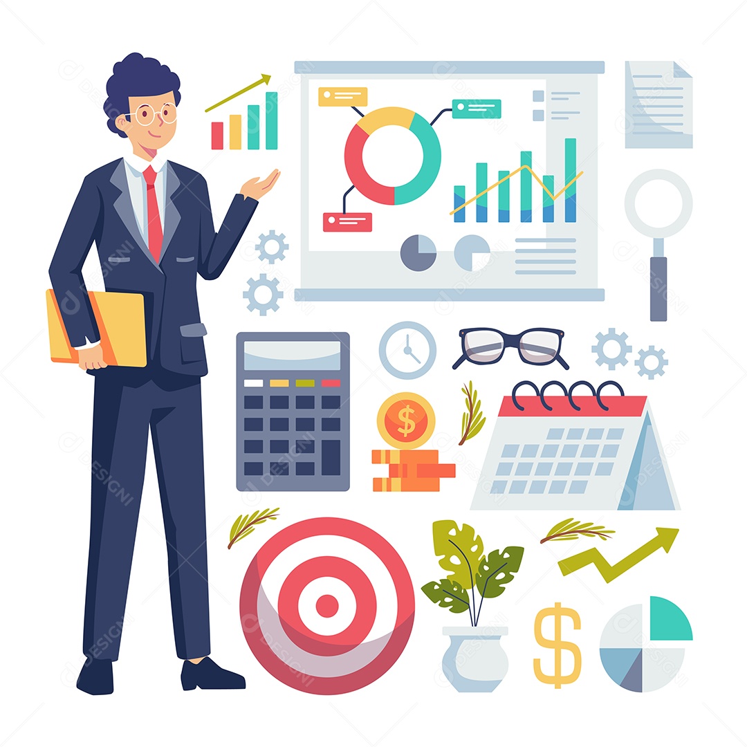 Jovem empresário com equipamento profissional para trabalho cartoon