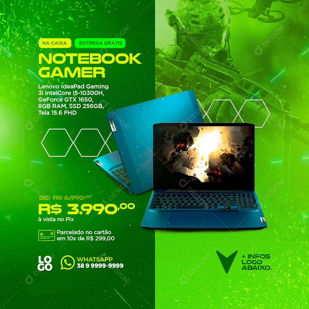 Notebook Gamer 3,990 Loja de Informática Social Media PSD Editável