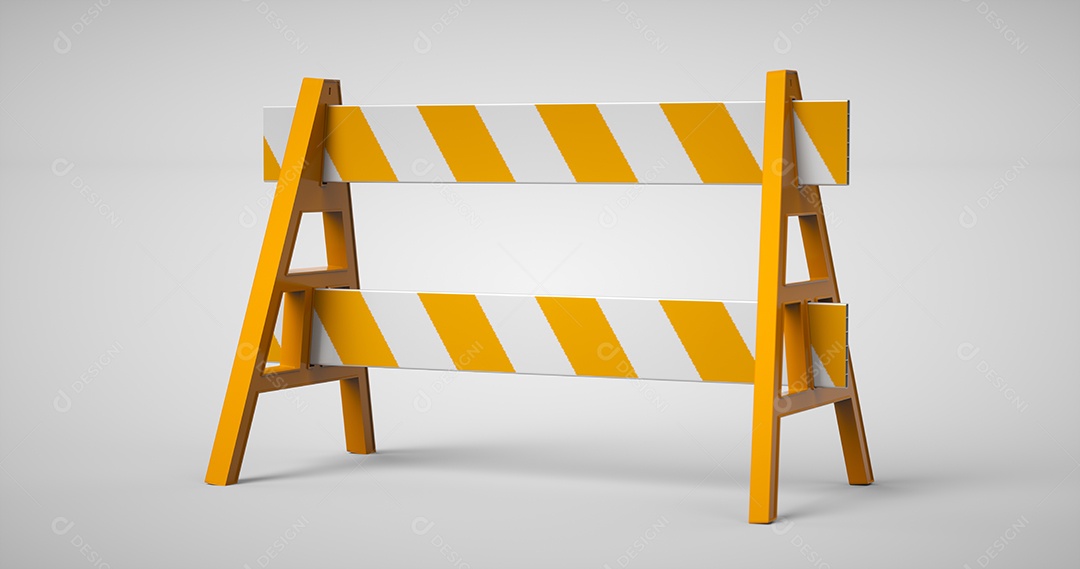 Renderização em 3D da barreira rodoviária e cones de trânsito, sob o símbolo de construção.