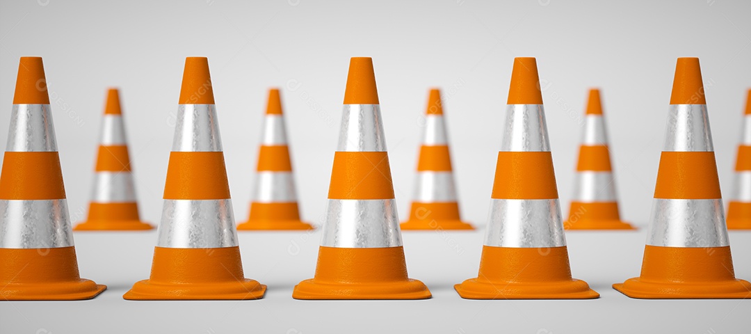 Ícone de cones de tráfego laranja 3D no fundo branco. Acidente anterior