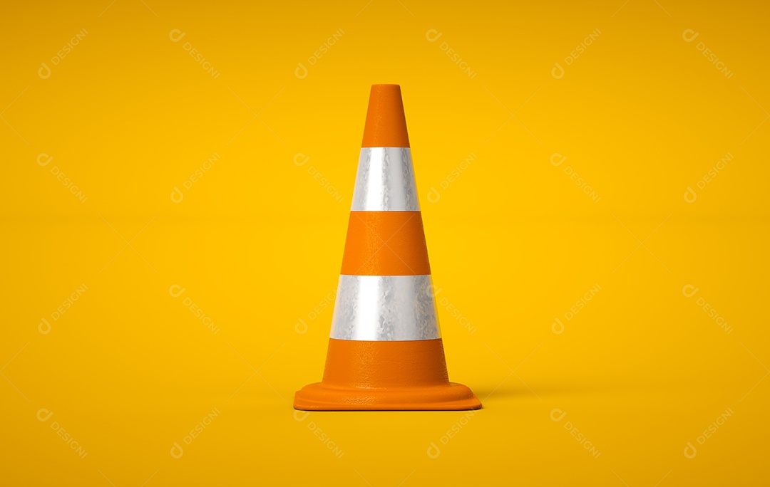 Cone de tráfego laranja 3D no fundo amarelo. Prevenção de Acidentes