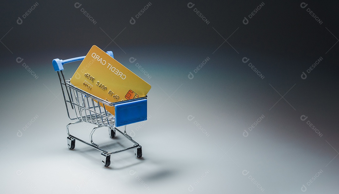 Shopping cart and credit card mockup in light and shadow.
