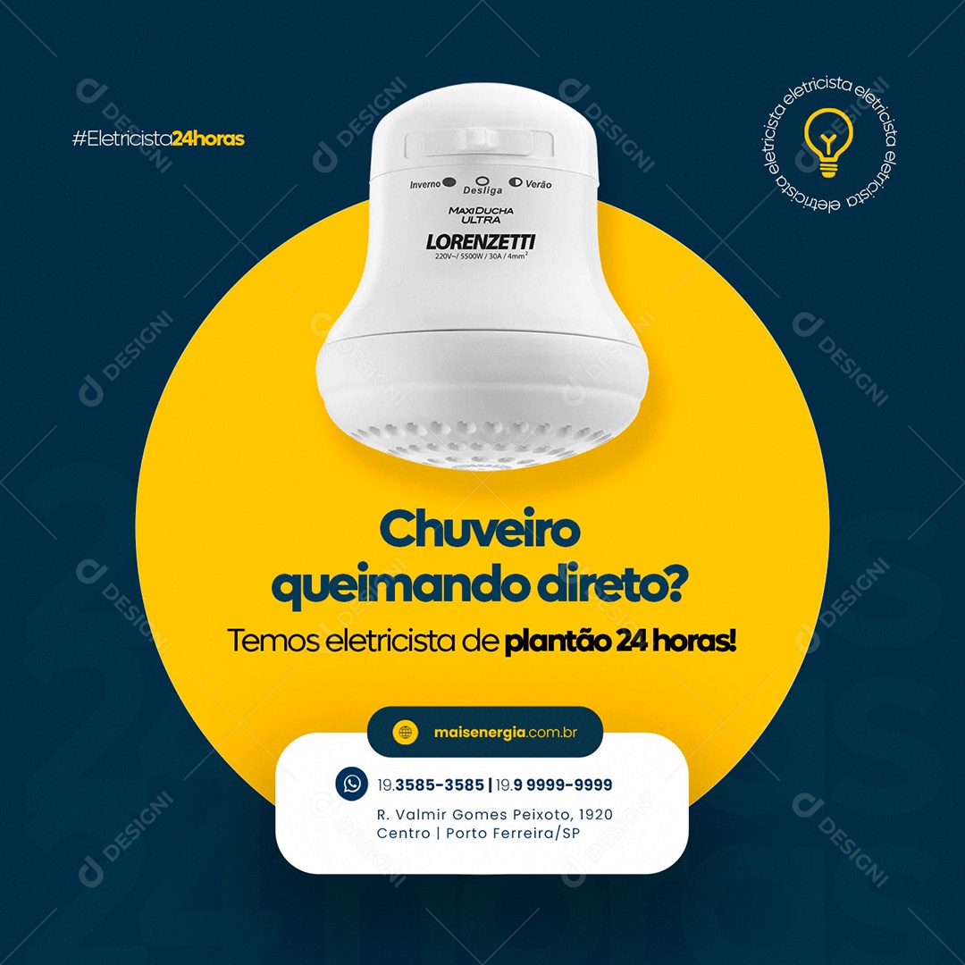 Chuveiro Queimando Direto Energia Eletricista Social Media PSD Editável