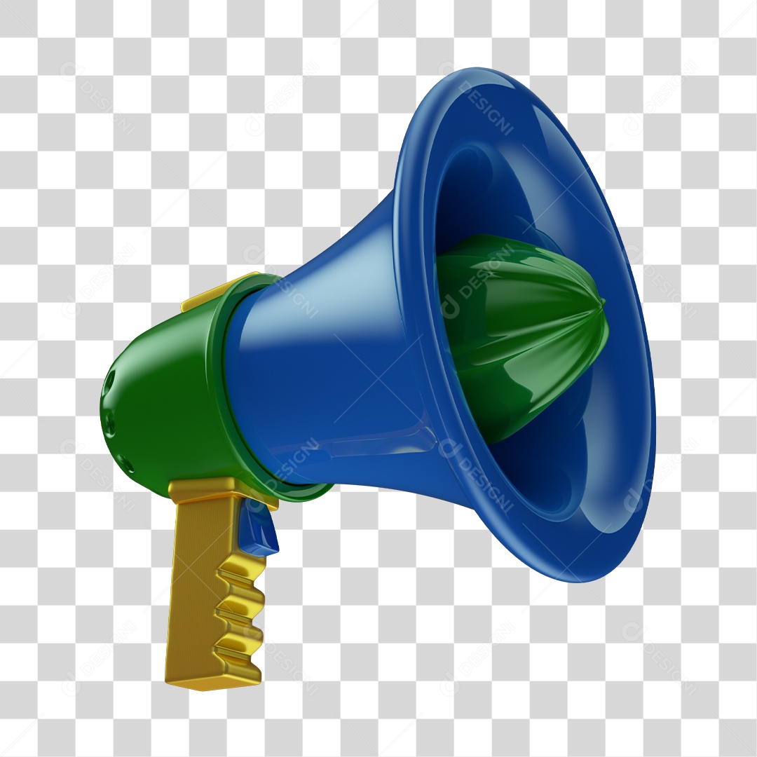 Megafone Azul Verde e Amarelo Elemento 3D para Composição PNG Transparente