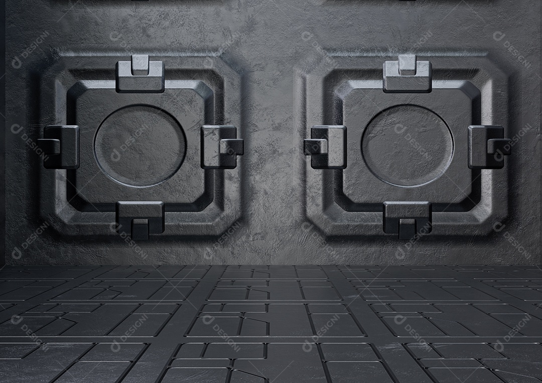 Maquete de sala vazia de nave espacial de ficção científica metálica futurista para produto