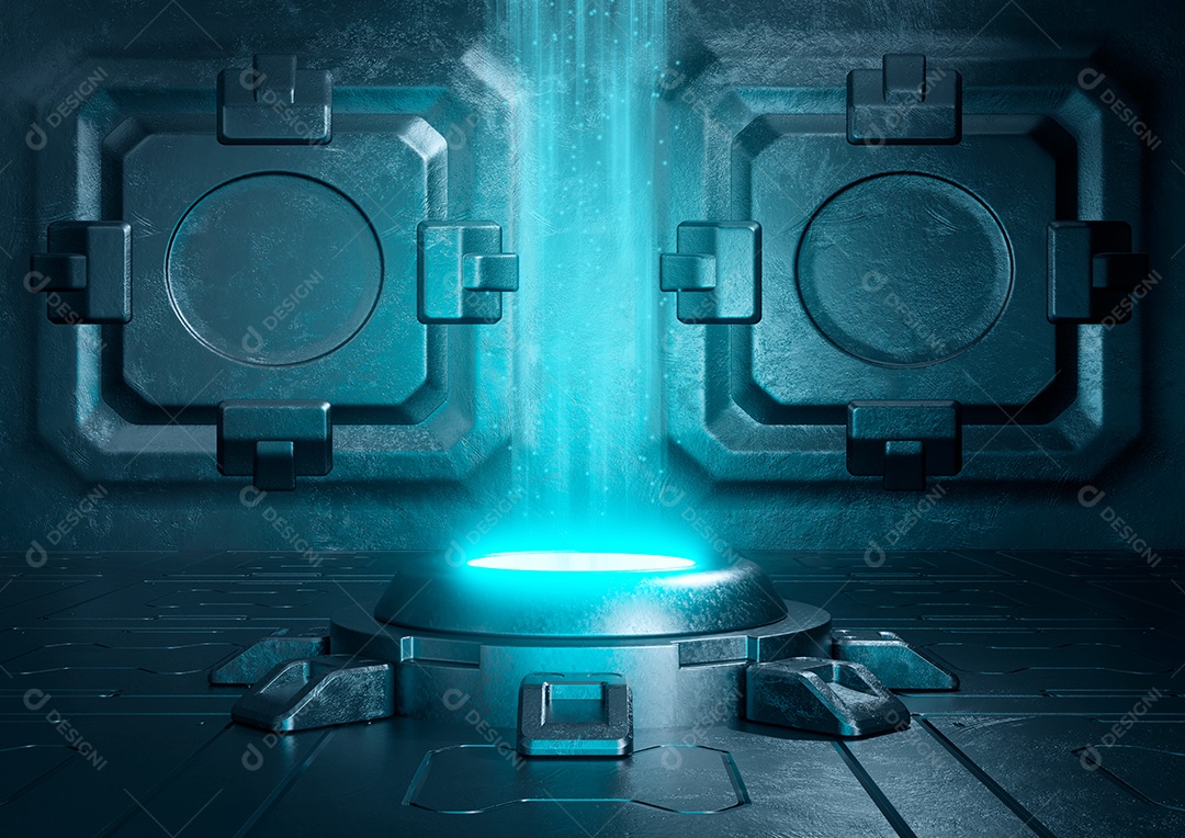 Pedestal de luz neon futurista para maquete de apresentação do produto.