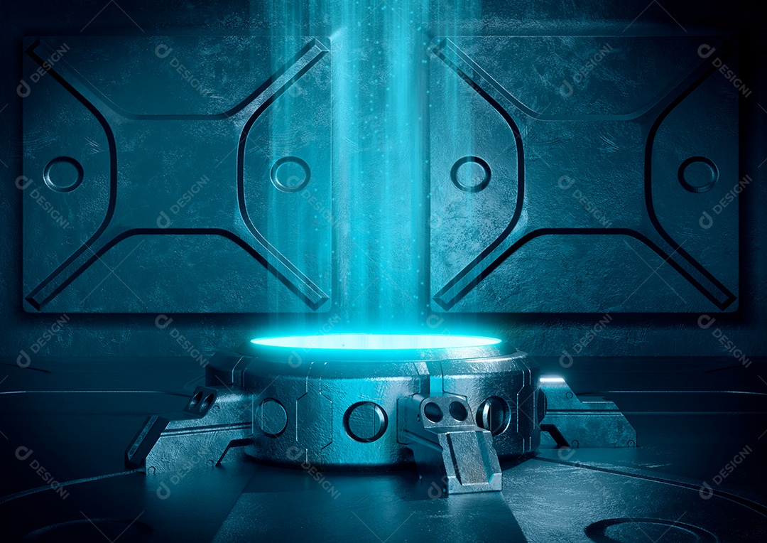 Pedestal de luz neon futurista para maquete de apresentação do produto.