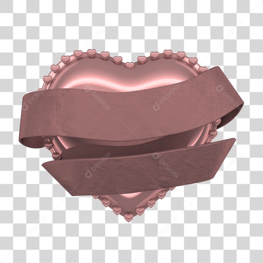 Elemento 3D Coração Metalizado Com Faixa PNG Transparente Sem Fundo