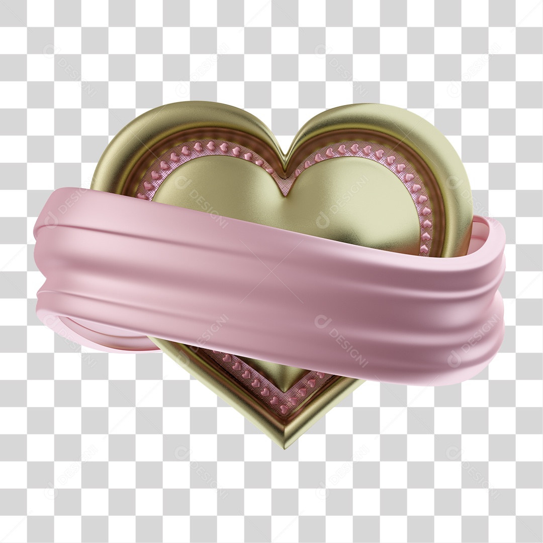 Elemento 3D Para Composição de Texto Coração Dourado e Rosa PNG Transparente