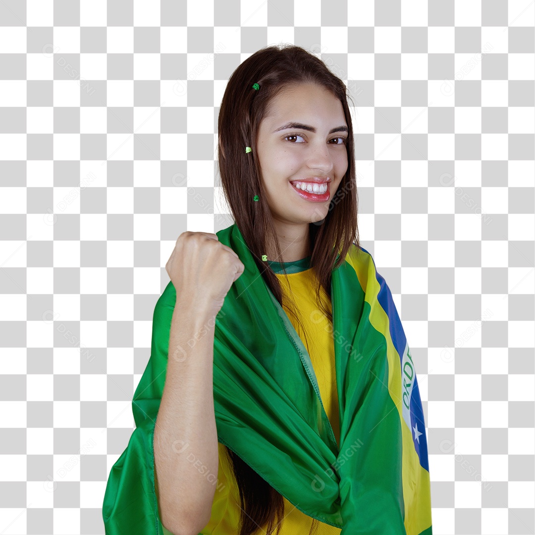 Linda mulher torcedora brasileira sobre fundo isolado amarelo