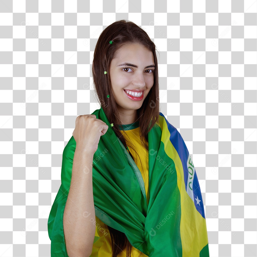 Linda mulher torcedora brasileira sobre fundo isolado amarelo