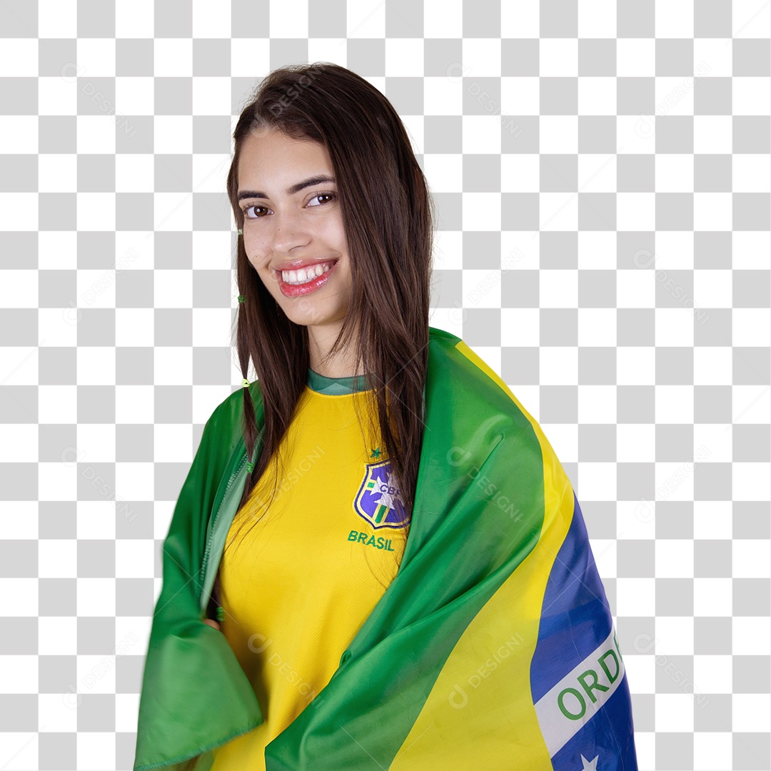 Linda mulher torcedora brasileira sobre fundo isolado amarelo