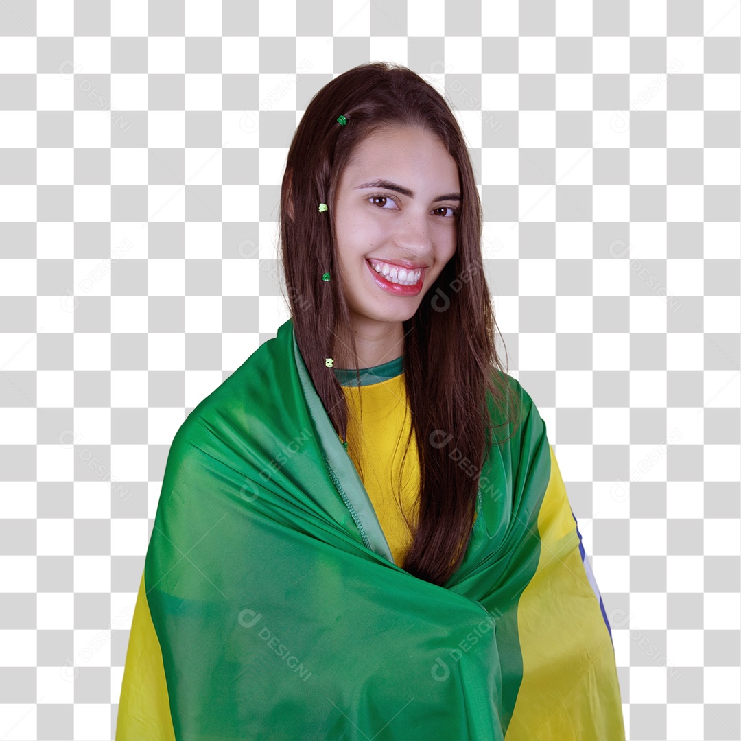 Linda mulher torcedora brasileira sobre fundo isolado amarelo