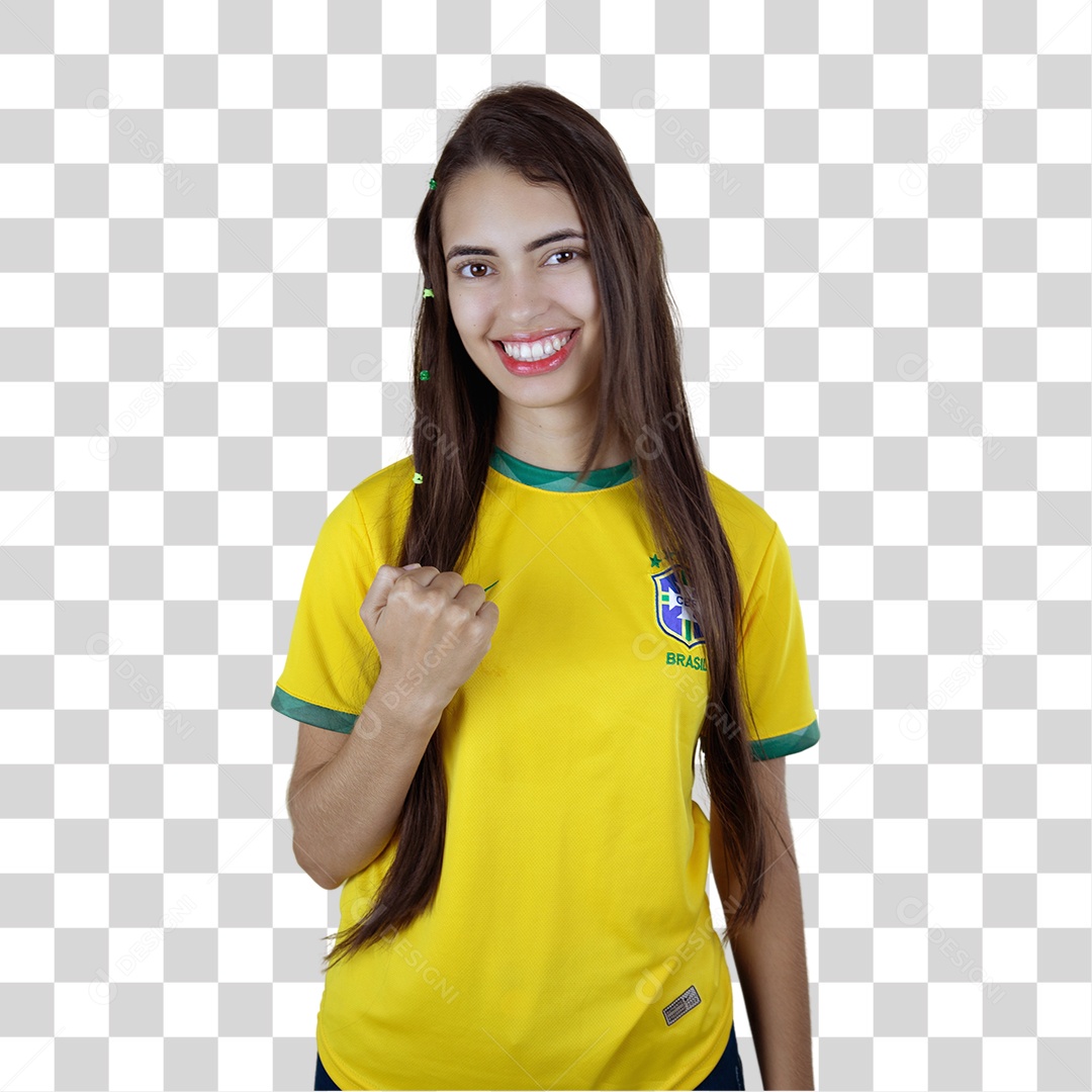 Linda mulher torcedora brasileira sobre fundo isolado amarelo