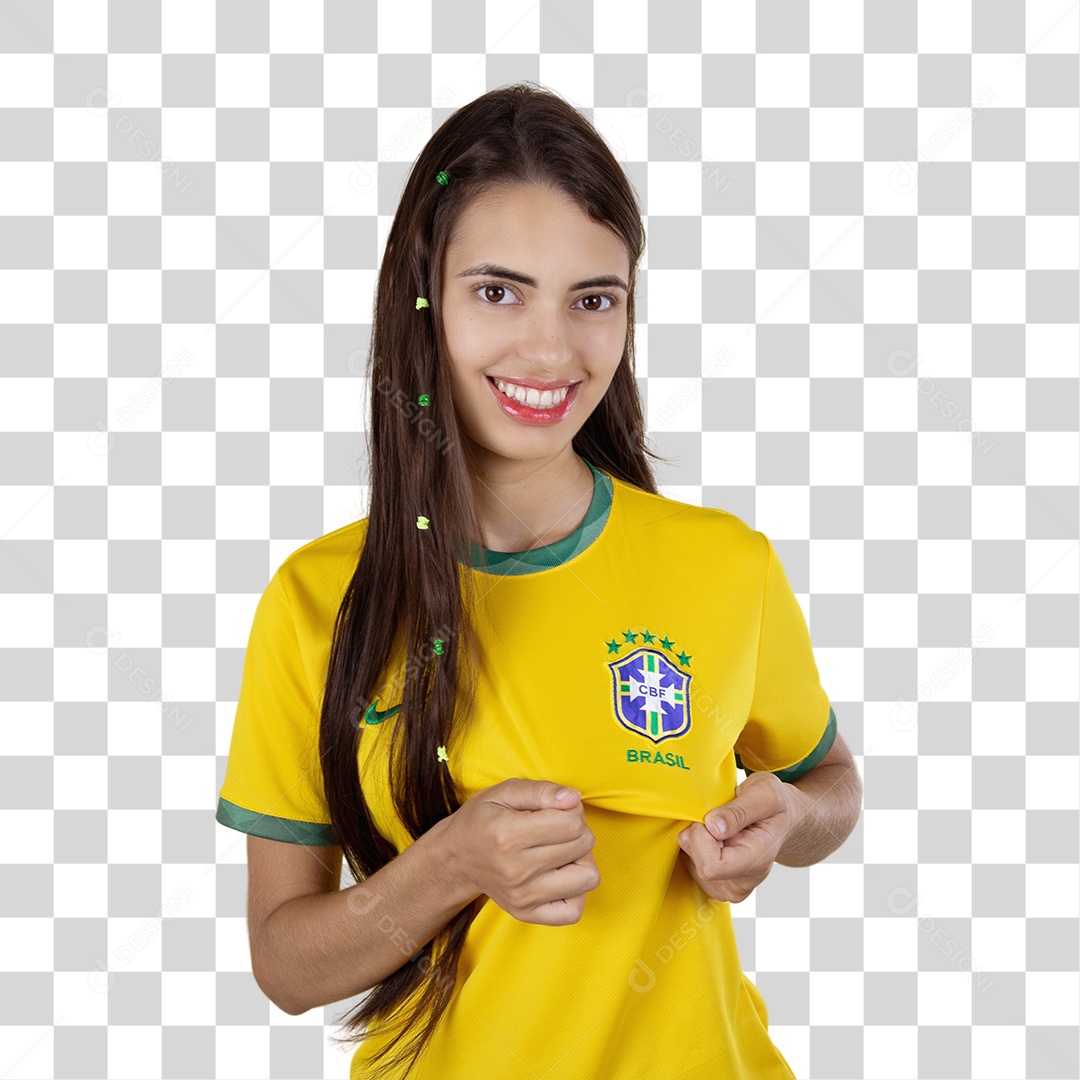 Linda mulher torcedora brasileira sobre fundo isolado amarelo