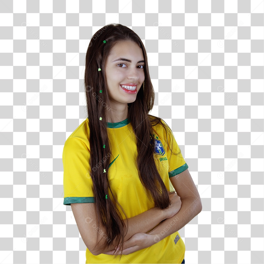 Linda mulher torcedora brasileira sobre fundo isolado amarelo