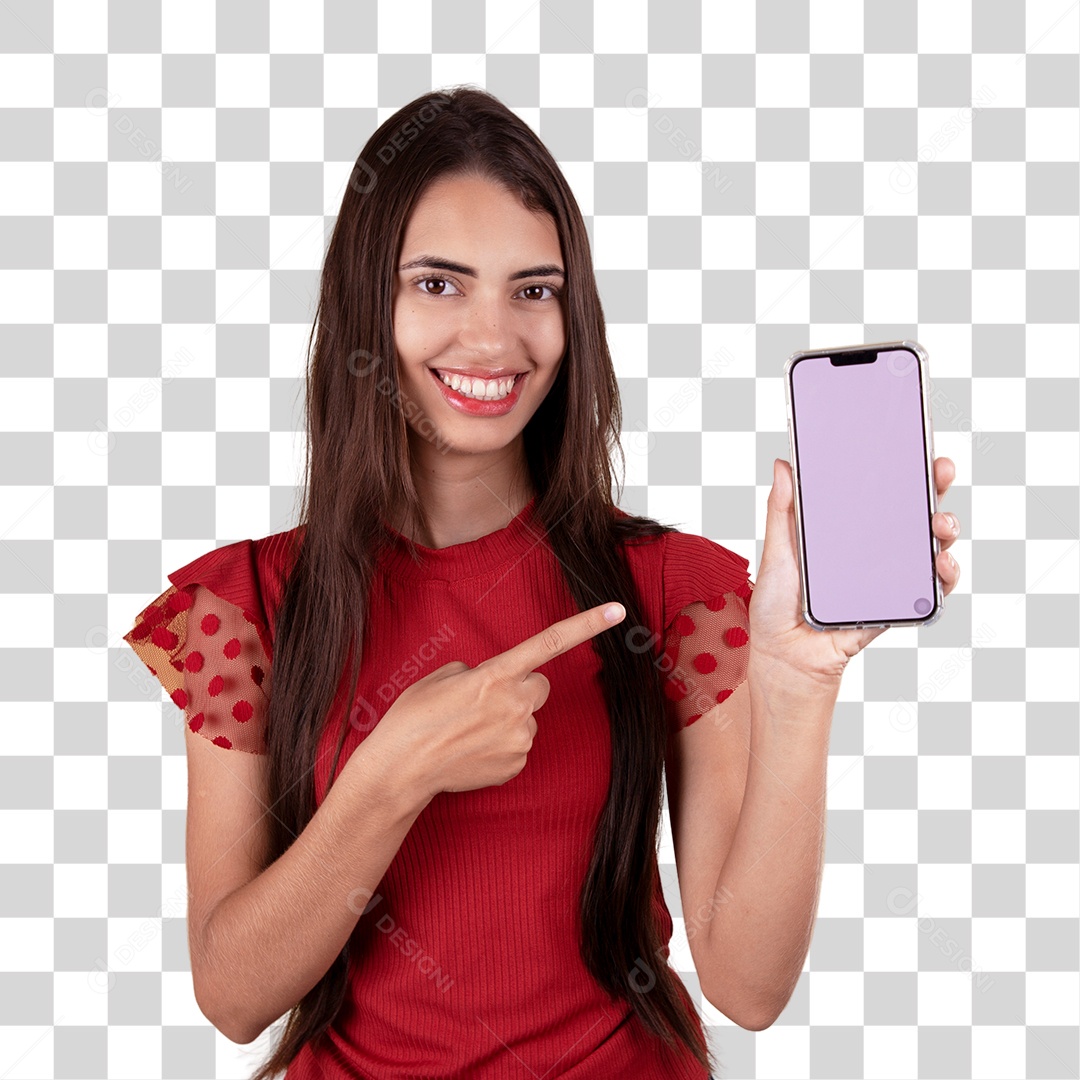 Linda mulher jovem sorridente segurando celular smartphone