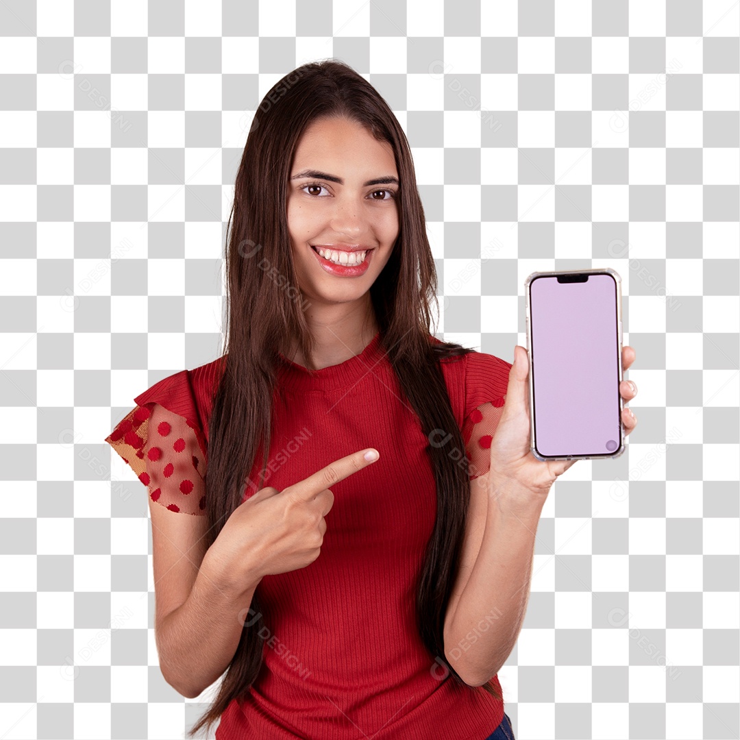 Linda mulher jovem sorridente segurando celular smartphone