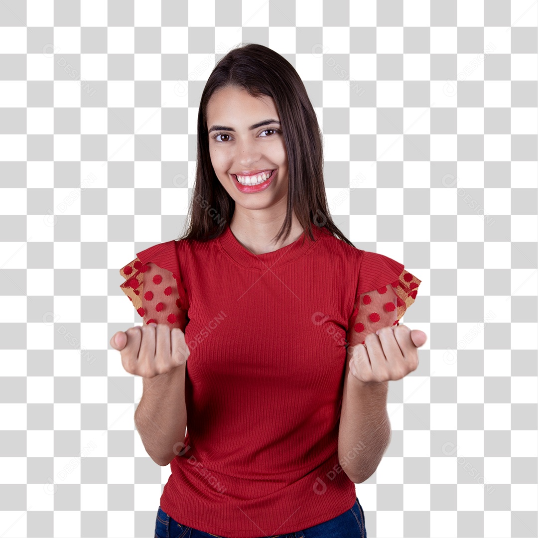 Linda mulher jovem garota sorridente sobre fundo isolado vermelho