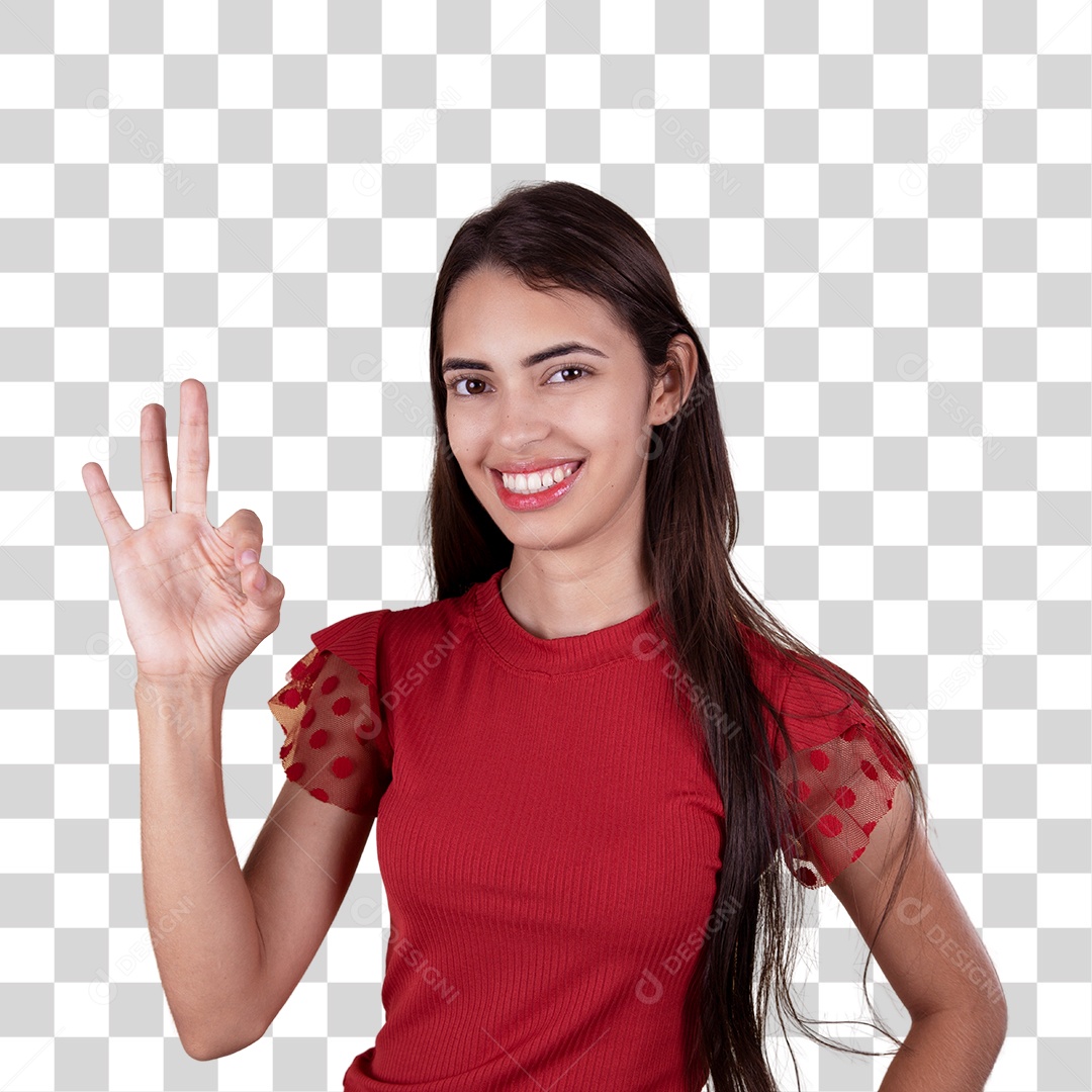 Linda mulher jovem garota sorridente sobre fundo isolado vermelho