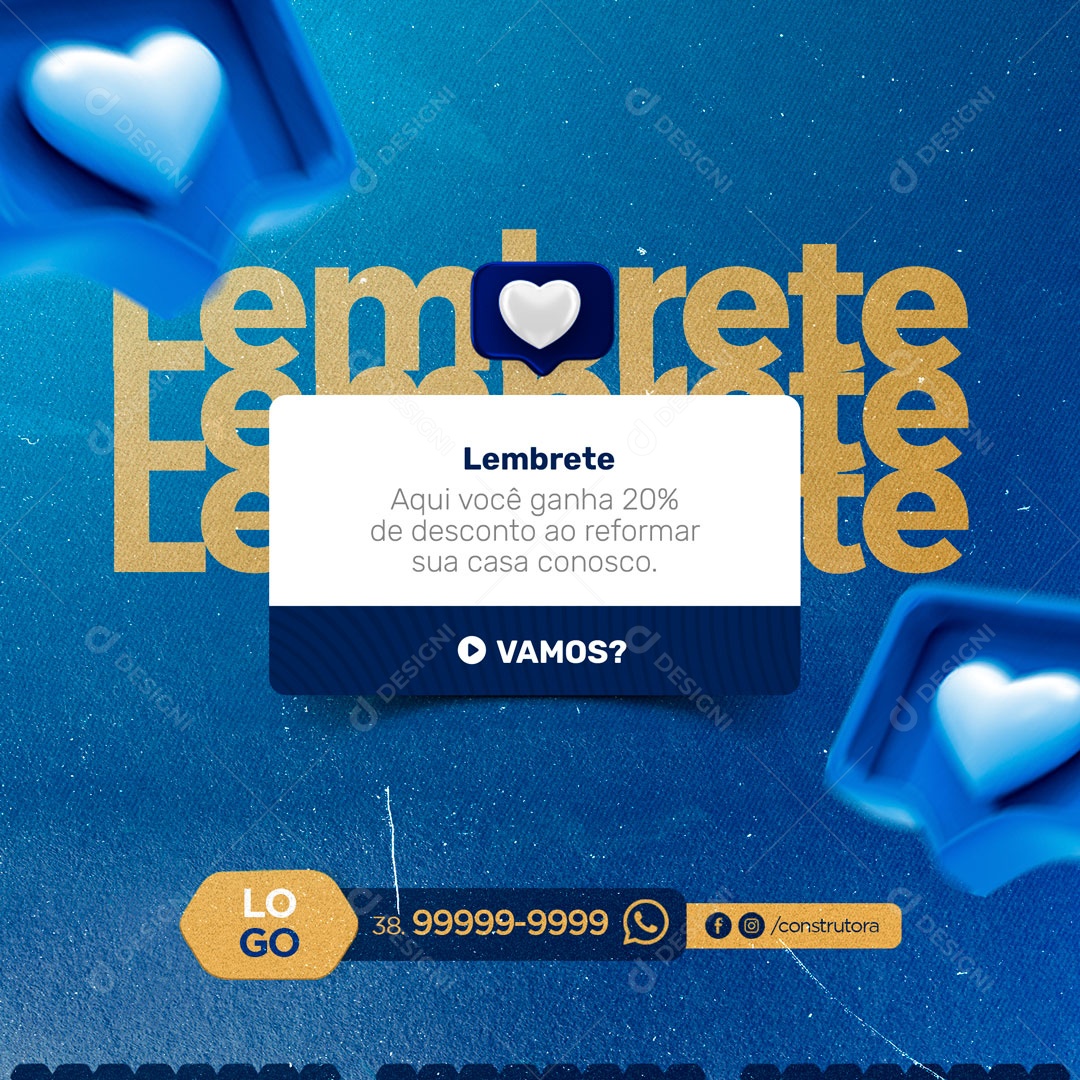 Lembrete Aqui Você Ganha 20% Construção Social Media PSD Editável