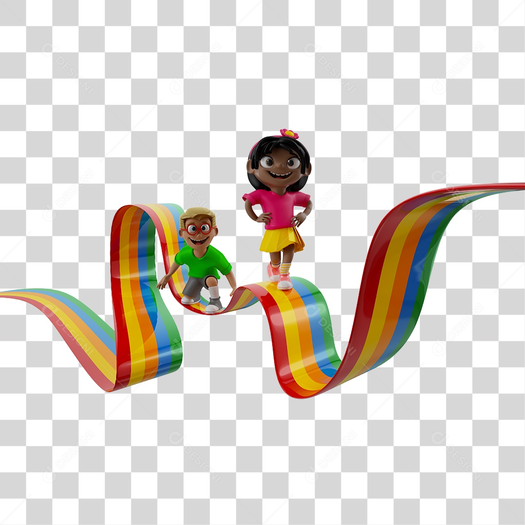 Ilustração 3D Crianças Encima de Um Arco-íris PNG Transparente Sem Fundo