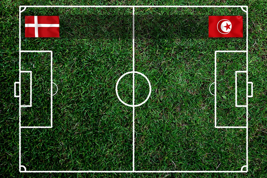 Competição da Copa de Futebol entre a Dinamarca nacional e a Tunísia nacional.