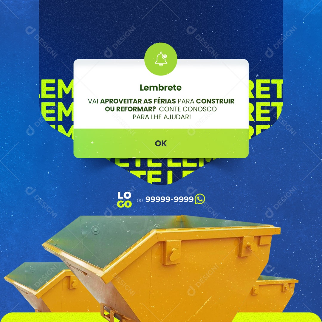 Lembrete Recolhimento de Entulhos e Locação de Caçambas Social Media PSD Editável